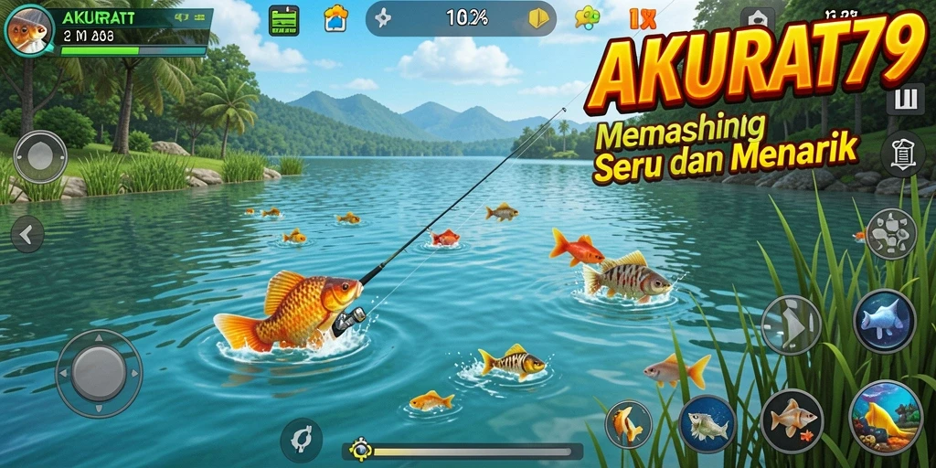 Tampilan gameplay AKURAT79 dengan momen menangkap ikan.