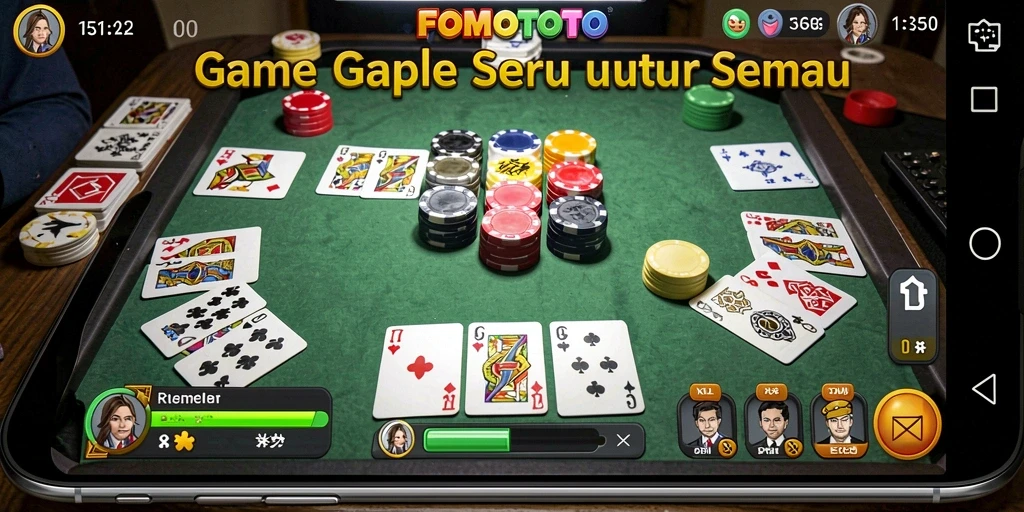 Tampilan gameplay seru dalam FOMOTOTO, permainan Gaple yang menarik.