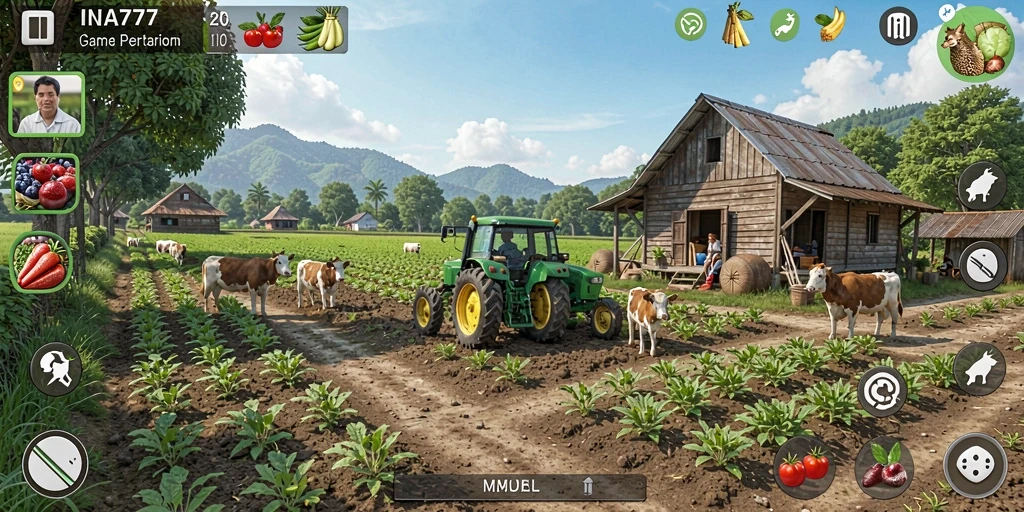 Tampilan gameplay <strong>INA777</strong> yang menampilkan aktivitas bertani yang mengasyikkan.