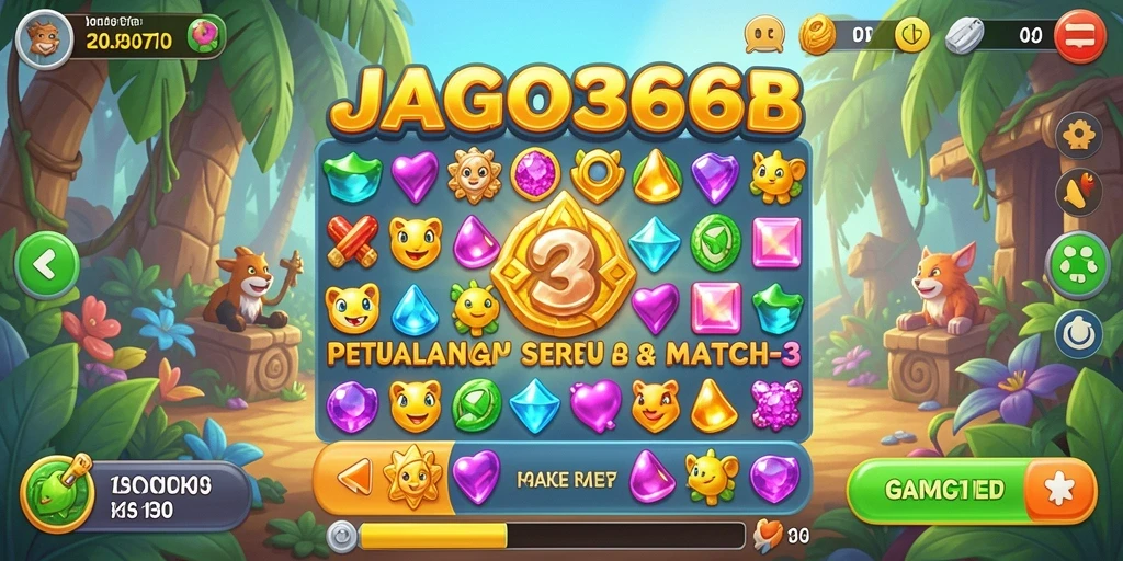 Tampilan menarik dari gameplay Match-3 di JAGO368 dengan permata berwarna-warni.