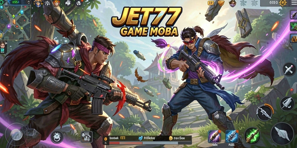 Tangkapan layar utama JET77 menampilkan aksi cepat dalam pertempuran MOBA.