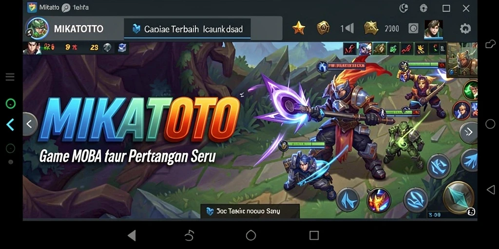 Screenshot utama MIKATOTO menampilkan aksi pertarungan MOBA yang seru.