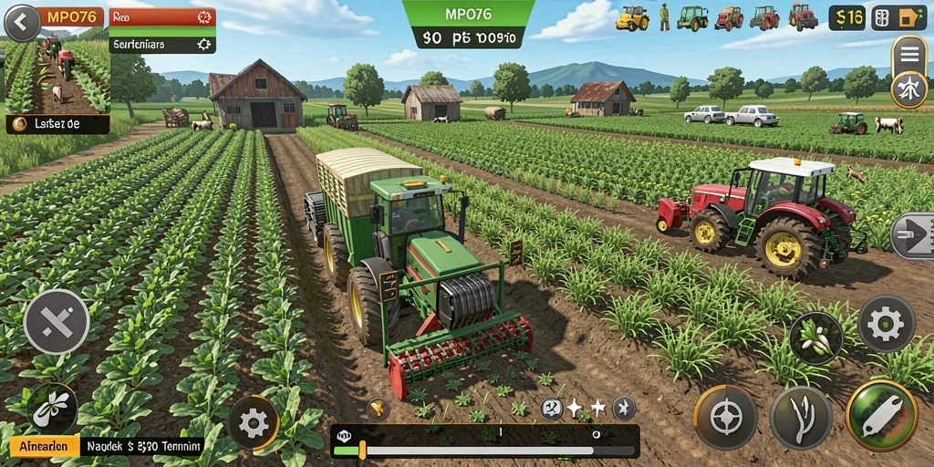 Screenshot MPO76 menampilkan kebun hijau dengan tanaman subur dan hewan ternak.