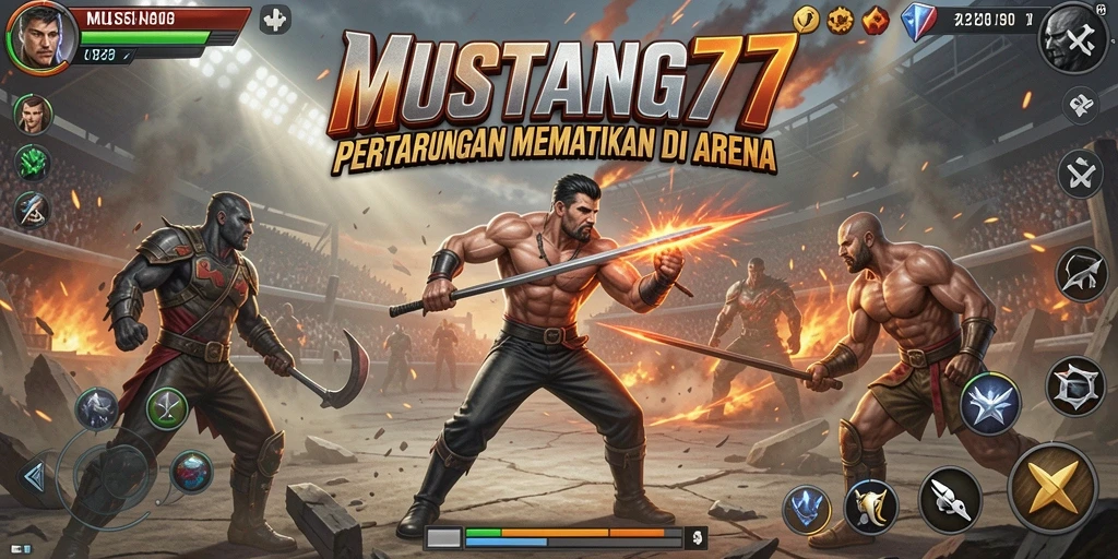 Tangkapan layar gameplay <strong>MUSTANG77</strong> menunjukkan aksi pertarungan menegangkan antara dua karakter.