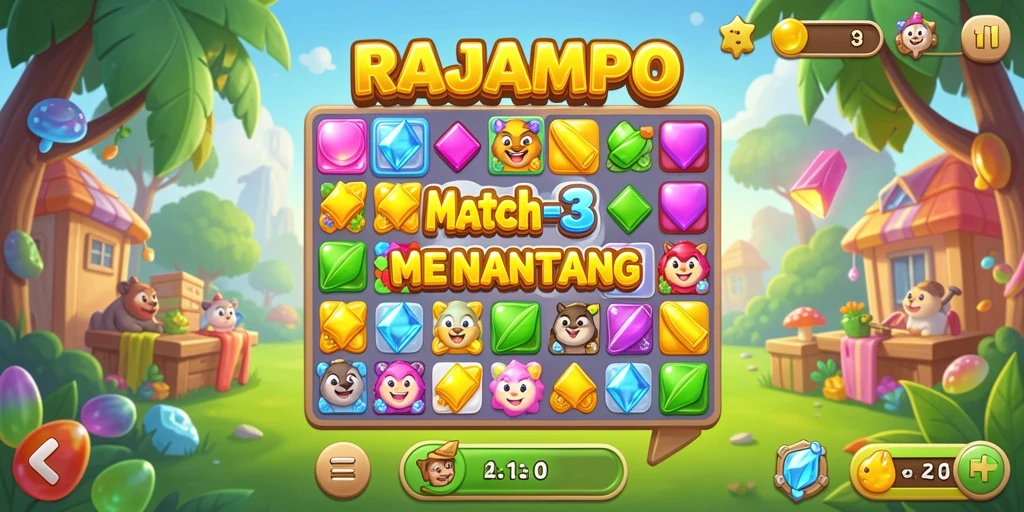 Tangkapan layar gameplay RAJAMPO yang menarik dengan tantangan Match-3.
