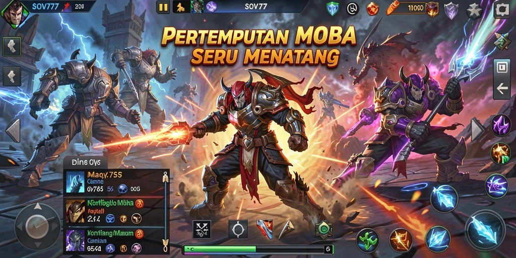 Screenshot gameplay SOV777 yang menampilkan pertarungan MOBA yang intens.